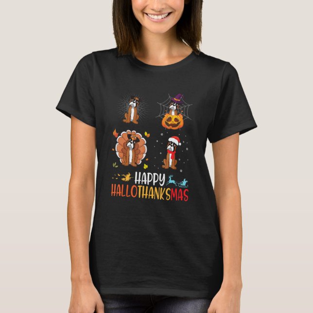 Boxer Dog Happy Hallothanksmas Halloween Thanksgiv T-Shirt (Front)