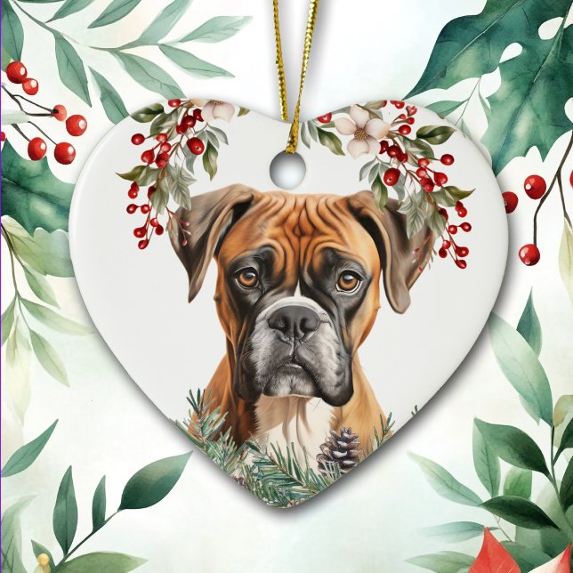 Boxer Dog Holly Wreath Christmas Ceramic Ornament (Creator Uploaded)