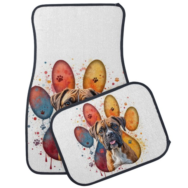 Boxer Dog In a Paint Pawprint Car Floor Mat (Set)