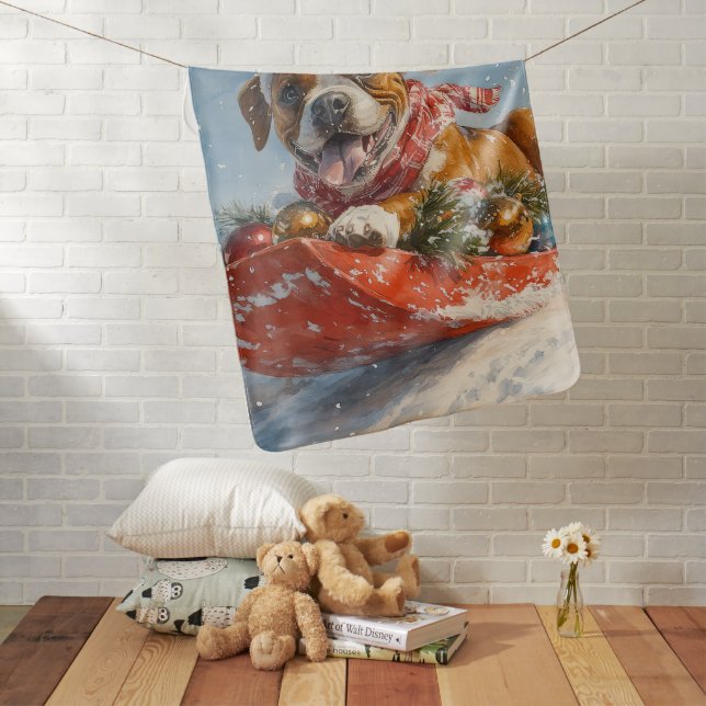 Boxer Dog in Sledge Let it Snow Christmas Baby Blanket (In Situ)