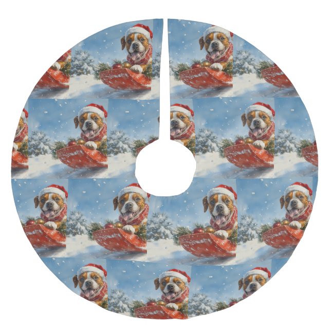 Boxer Dog in Sledge Let it Snow Christmas Brushed Polyester Tree Skirt (Front)
