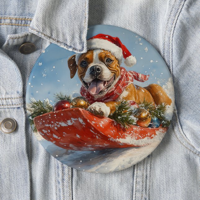 Boxer Dog in Sledge Let it Snow Christmas Button (In Situ)
