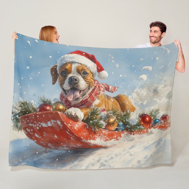Boxer Dog in Sledge Let it Snow Christmas Fleece Blanket (In Situ)