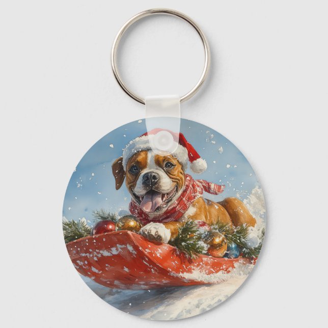 Boxer Dog in Sledge Let it Snow Christmas Keychain (Front)