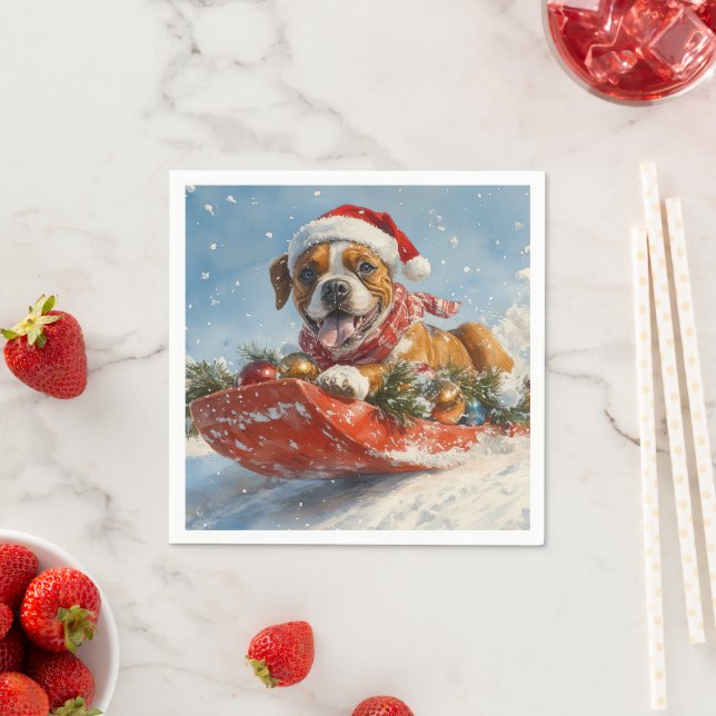 Boxer Dog in Sledge Let it Snow Christmas Napkins (Insitu)