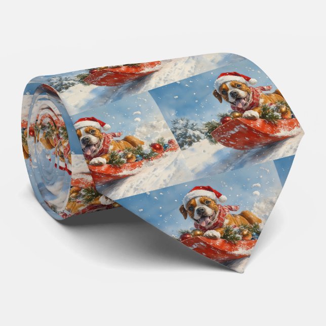 Boxer Dog in Sledge Let it Snow Christmas Neck Tie (Rolled)