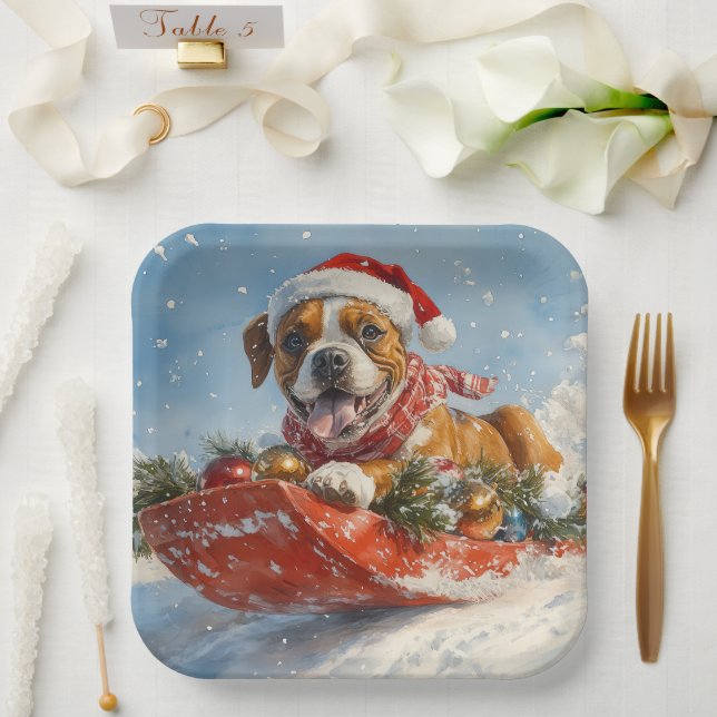 Boxer Dog in Sledge Let it Snow Christmas Paper Plates (Wedding)