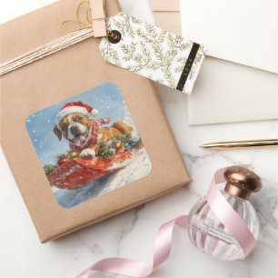 Boxer Dog in Sledge Let it Snow Christmas Square Sticker