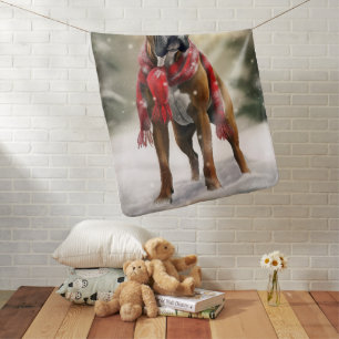 Boxer Dog in Snow Christmas Baby Blanket