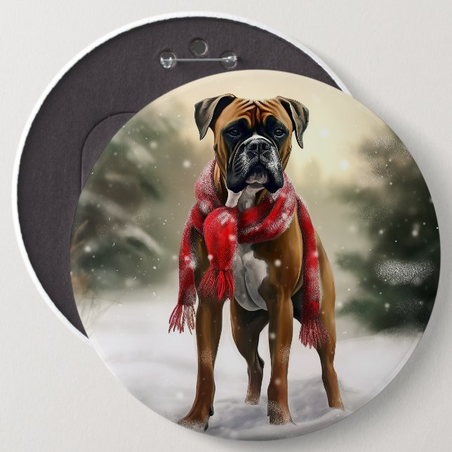 Boxer Dog in Snow Christmas Button (Front & Back)
