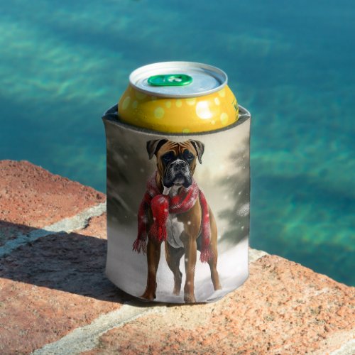 Boxer Dog in Snow Christmas Can Cooler