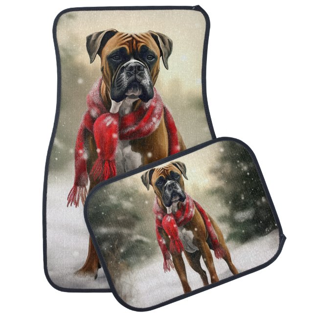 Boxer Dog in Snow Christmas Car Floor Mat (Set)