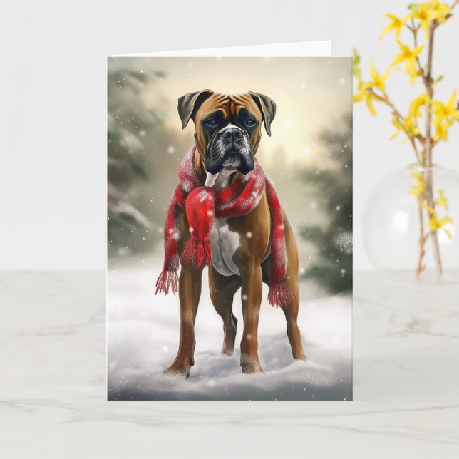 Boxer Dog in Snow Christmas Card (Yellow Flower)