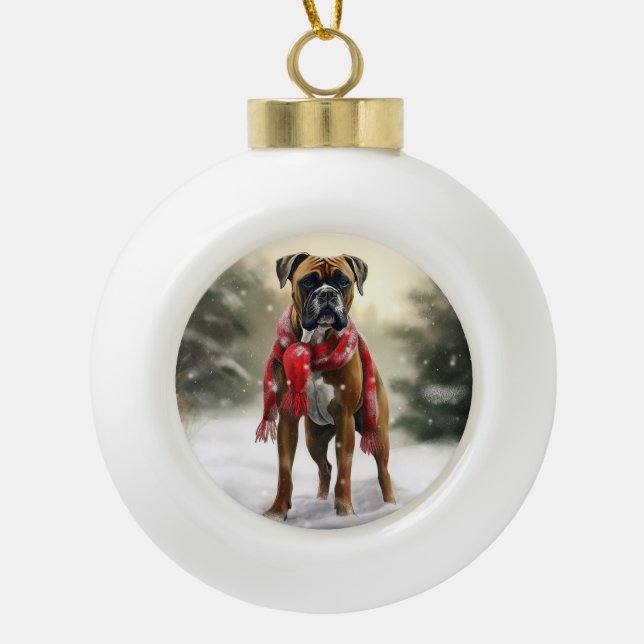 Boxer Dog in Snow Christmas Ceramic Ball Christmas Ornament (Front)