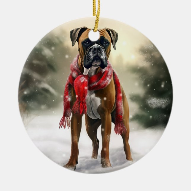 Boxer Dog in Snow Christmas Ceramic Ornament (Front)