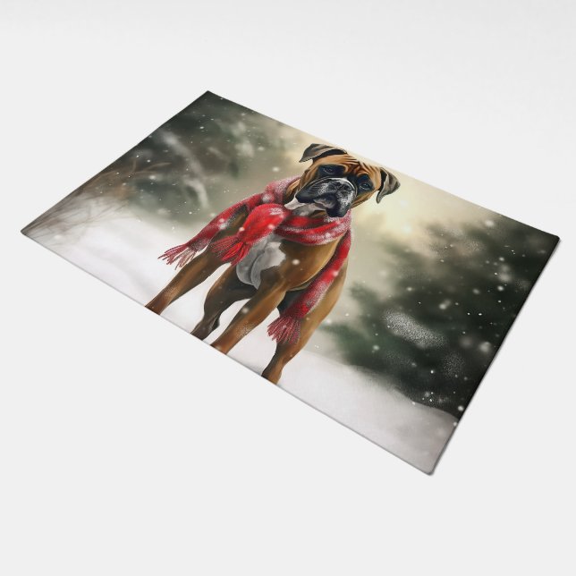 Boxer Dog in Snow Christmas Doormat (Angled)