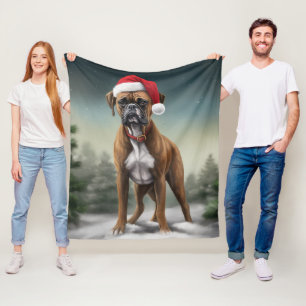 Boxer Dog in Snow Christmas Fleece Blanket