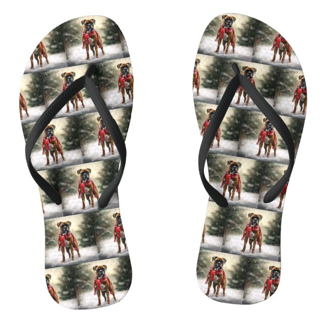 Boxer Dog in Snow Christmas Flip Flops (Footbed)