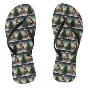 Boxer Dog in Snow Christmas Flip Flops