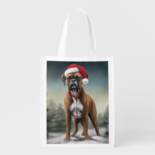 Boxer Dog in Snow Christmas  Grocery Bag
