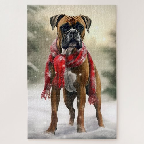 Boxer Dog in Snow Christmas Jigsaw Puzzle