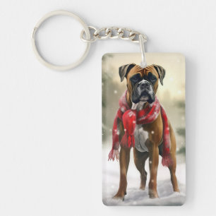 Boxer Dog in Snow Christmas Keychain