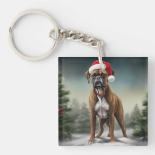 Boxer Dog in Snow Christmas  Keychain