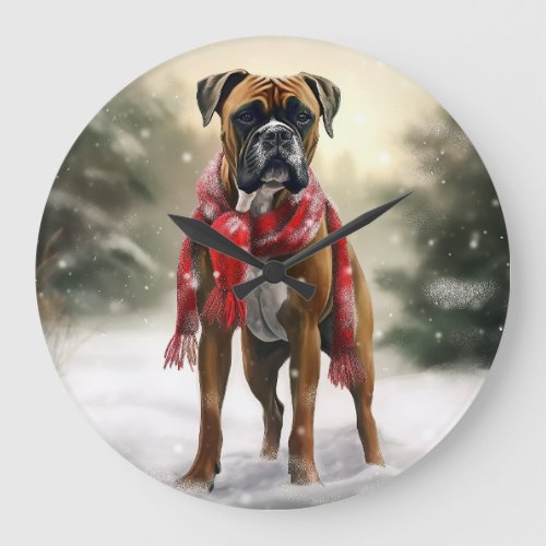 Boxer Dog in Snow Christmas Large Clock