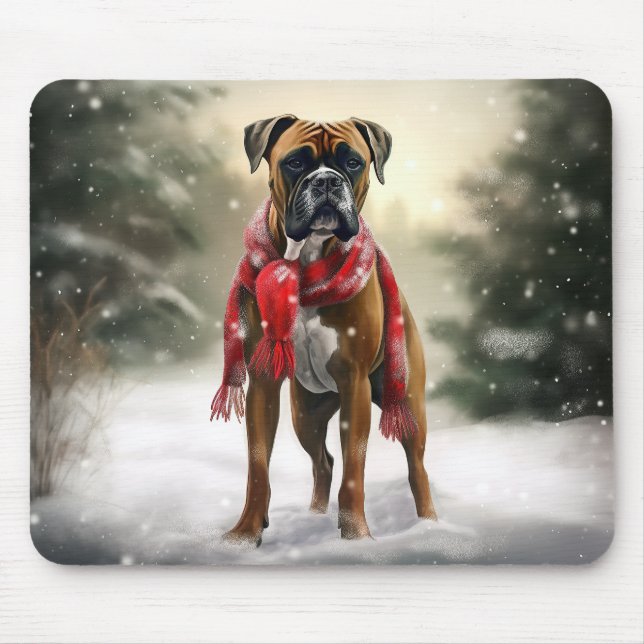 Boxer Dog in Snow Christmas Mouse Pad (Front)