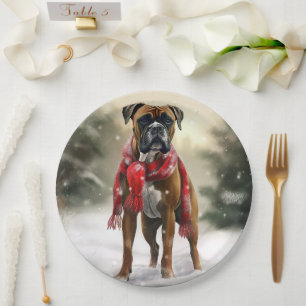 Boxer Dog in Snow Christmas Paper Plates