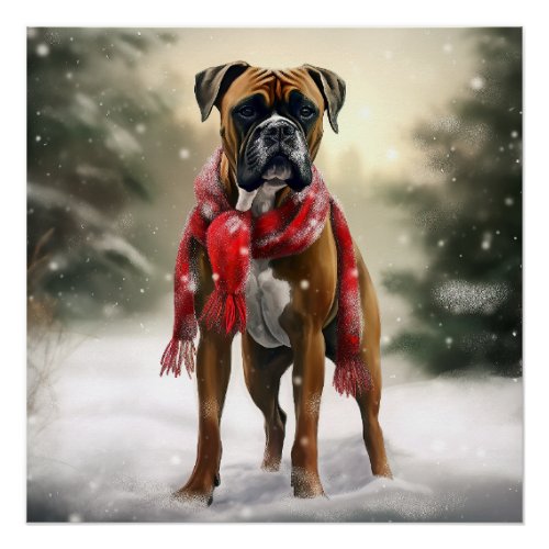 Boxer Dog in Snow Christmas Poster