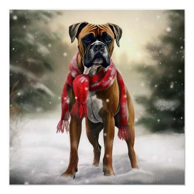 Boxer Dog in Snow Christmas Poster (Front)