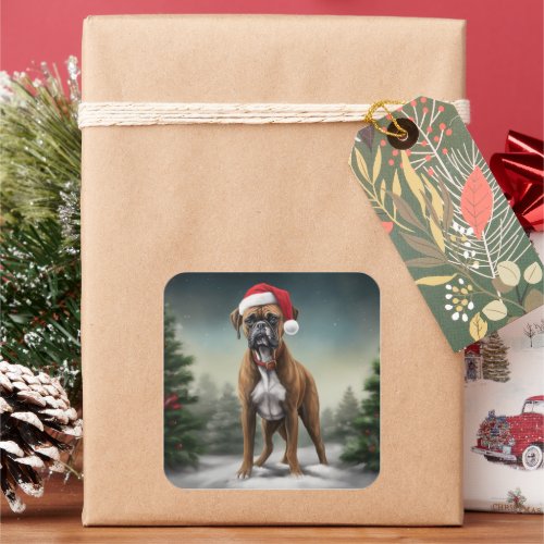 Boxer Dog in Snow Christmas  Square Sticker