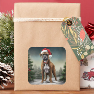 Boxer Dog in Snow Christmas Square Sticker
