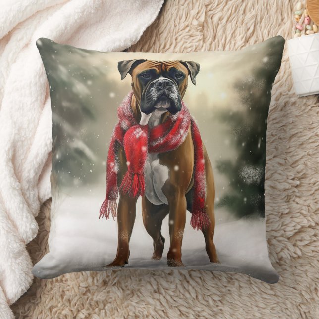 Boxer Dog in Snow Christmas Throw Pillow (Blanket)