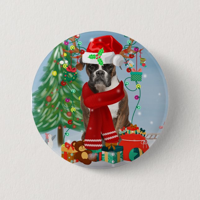 Boxer Dog in Snow with Christmas Gifts Button (Front)