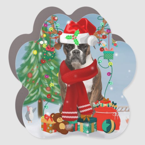 Boxer Dog in Snow with Christmas Gifts  Car Magnet