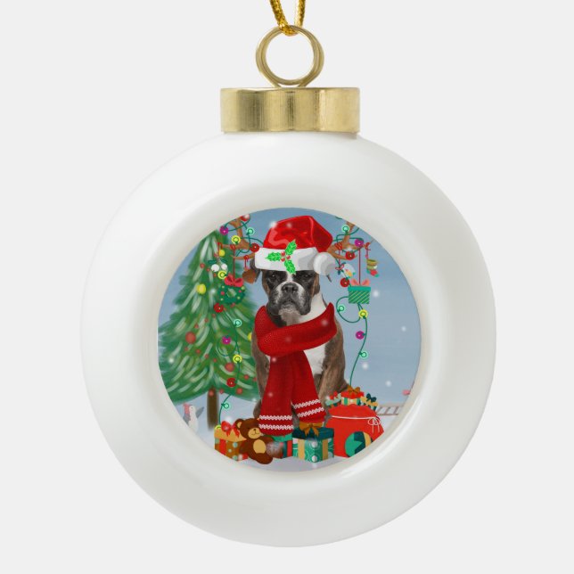 Boxer Dog in Snow with Christmas Gifts  Ceramic Ball Christmas Ornament (Front)