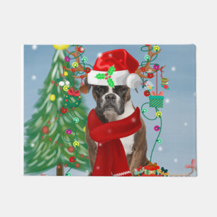 Boxer Dog in Snow with Christmas Gifts  Doormat
