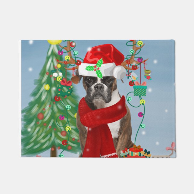 Boxer Dog in Snow with Christmas Gifts  Doormat (Front)