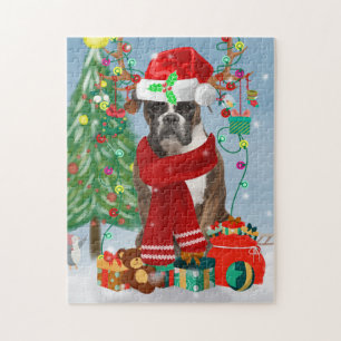 Boxer Dog in Snow with Christmas Gifts Jigsaw Puzzle