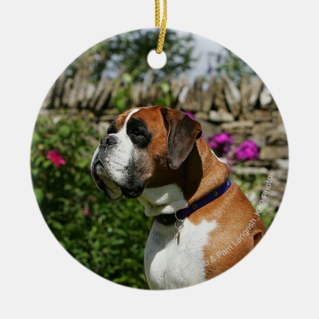 Boxer Dog in the Flowers Ceramic Ornament (Front)