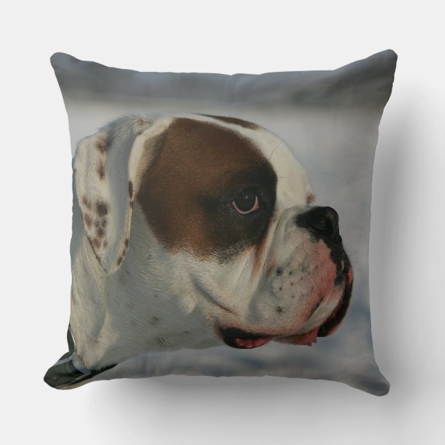 Boxer Dog in the Snow Throw Pillow (Front)