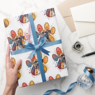 Boxer Dog in Watercolor Paw Print Wrapping Paper