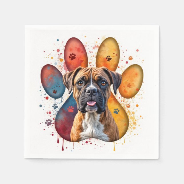 Boxer Dog In Watercolor Pawprint Napkins (Front)
