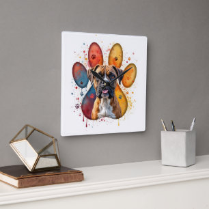 Boxer Dog In Watercolor Pawprint Square Wall Clock