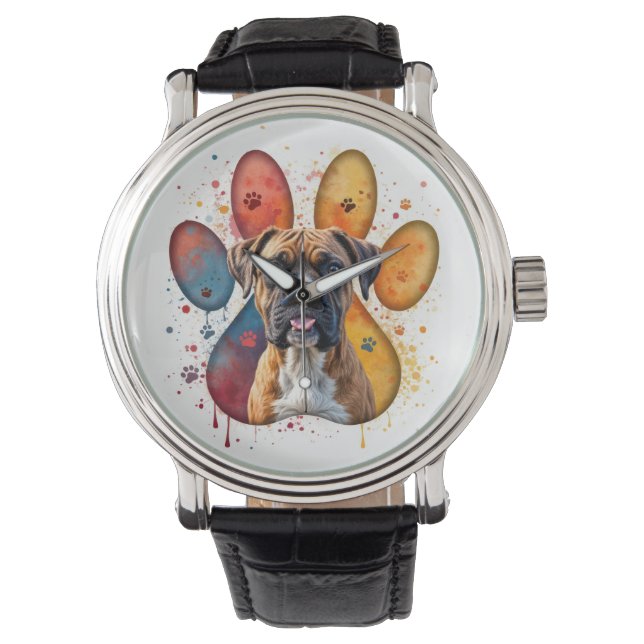Boxer Dog In Watercolor Pawprint Watch (Front)