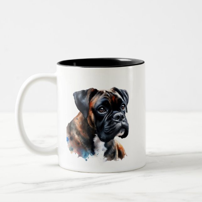 Boxer Dog in Watercolor Two-Tone Coffee Mug (Left)