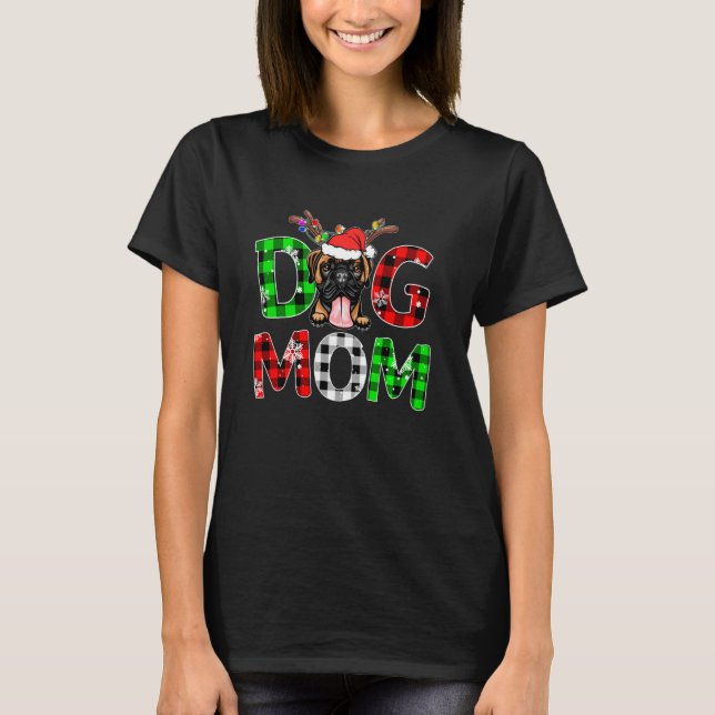 Boxer Dog Mom Buffalo Plaid Xmas Pajama Reindeer H T-Shirt (Front)