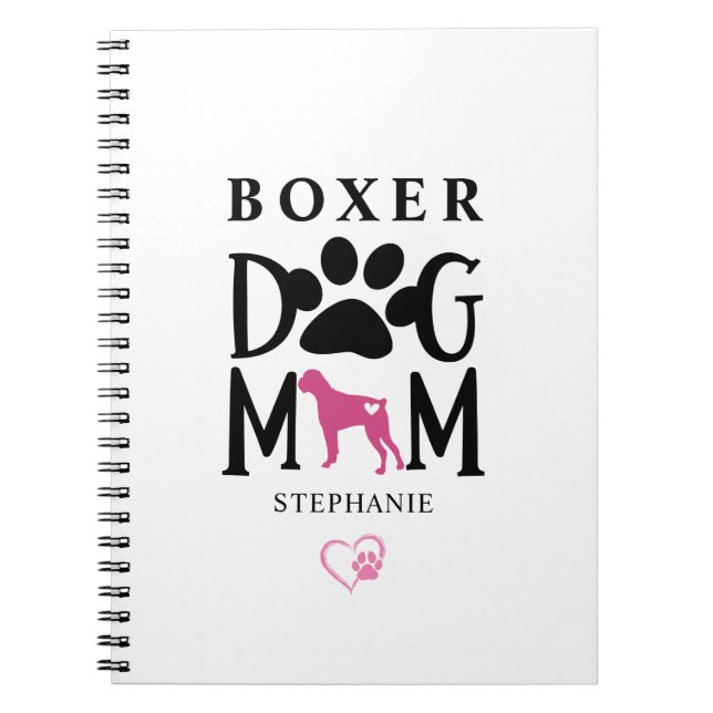 Boxer Dog Mom Pawprint Heart Custom Name Notebook (Front)
